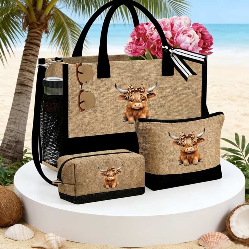 Cute Cow Print Beach Tote 3 piece set - Picture 1 of 8